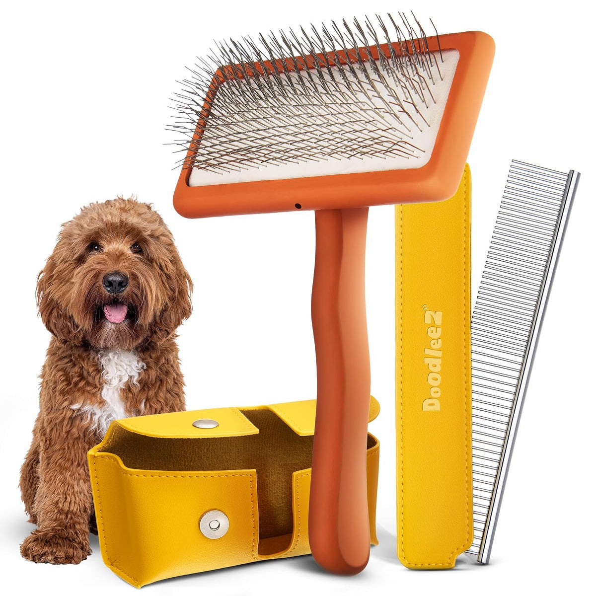 Slicker Brush for Dogs - Goldendoodle Brush with Poodle Comb and Cases Included - Goldendoodle Must Haves Grooming Tools - Designed for Doodles, Labradoodles, Bernedoodles - Medium - Orange