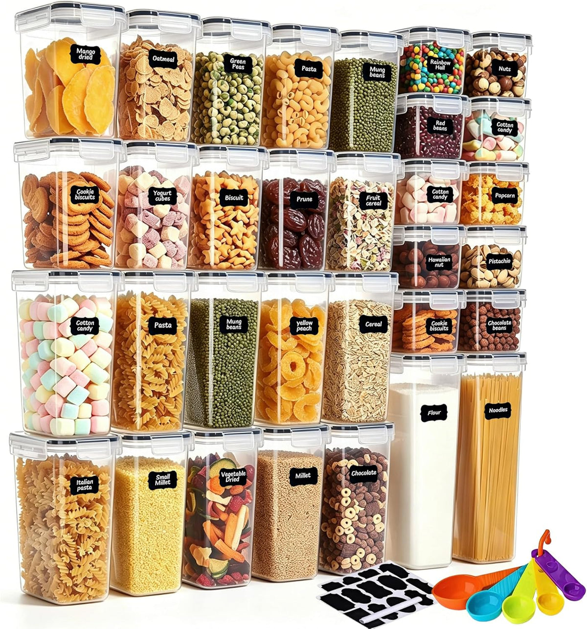 32Pcs Airtight Containers, Clear Stackable Dry Food Storage