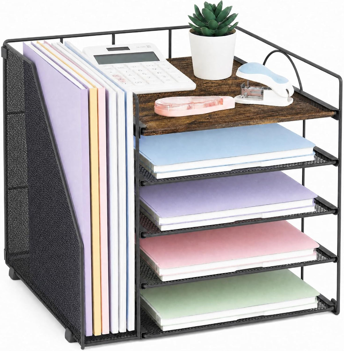 Desk Organizers and Accessories, 5-Tier Paper Letter Tray Organizer with File Holder, Desktop Organizer for Office Supplies (Wood)