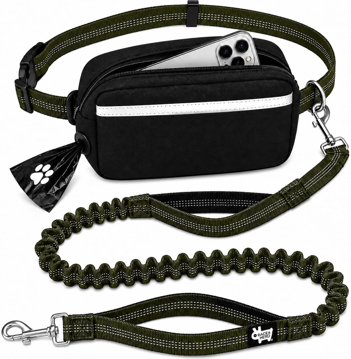 Race&Herd Hands Free Dog Leash with Zip Pouch — Bungee Waist Belt (Olive)