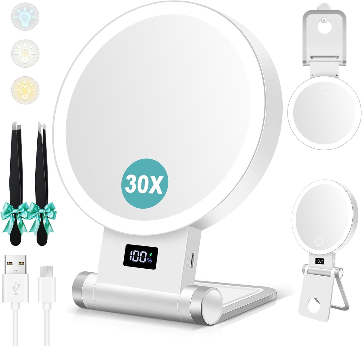 B Beauty Planet Magnifying Mirror with Light 30X, 2000Mah 1X/ 30X Magnifying Makeup Mirror with Standable Base & Tweezers, 3 Color Modes with Adjustable Brightness& Smart Display, Foldable for Travel