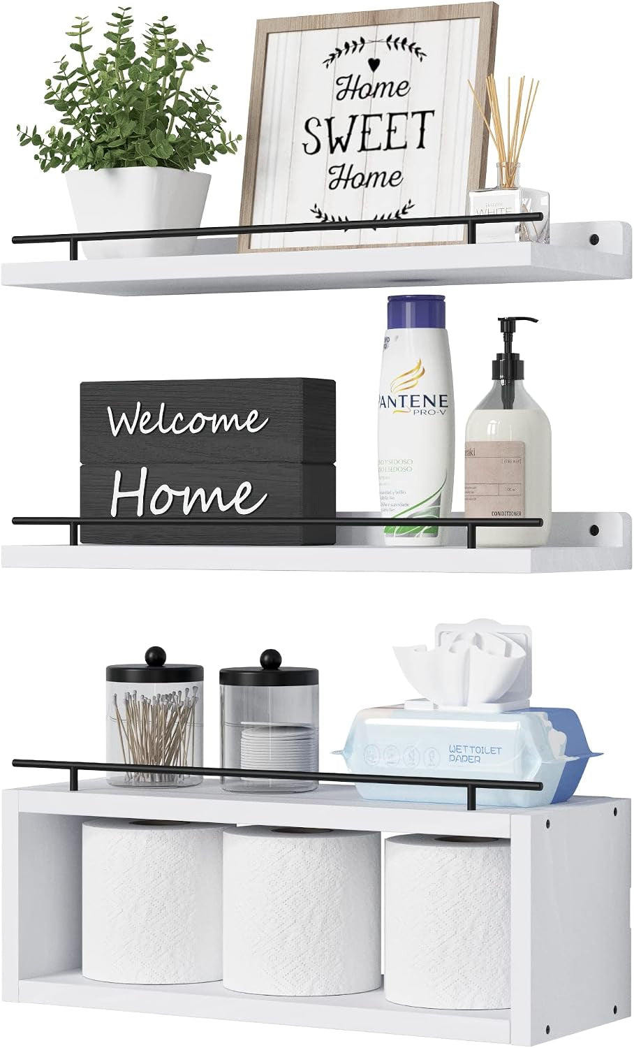 WOPITUES Floating Shelves for Wall with Cube Shelf, Wall Shelves with Metal Rail for Decor, Bathroom Organizers and Storage, over Toilet Shelves for Bathroom, Toilet Paper-White