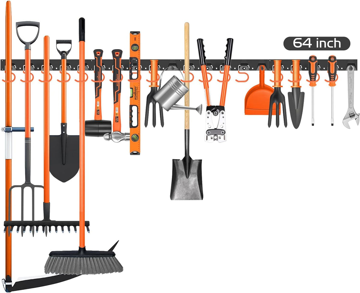 HORUSDY 64 Inch Adjustable Storage System, Wall Mount Tool Organizer, Tool Hangers for Mop and Broom Holder Shovel, Rake, Broom, Mop Holder, Etc