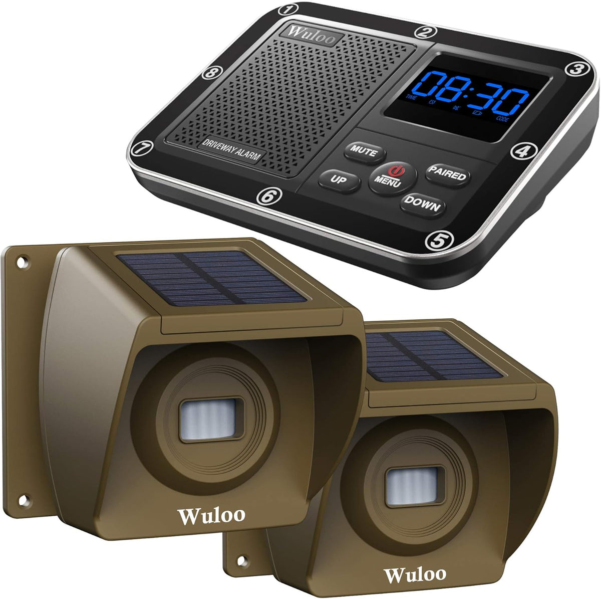 Solar Driveway Alarm Wireless outside 1800Ft Range, Outdoor Motion Sensor & Detector Driveway Alert System with Rechargeable Battery/Weatherproof/Mute Mode(1&2-Brown)