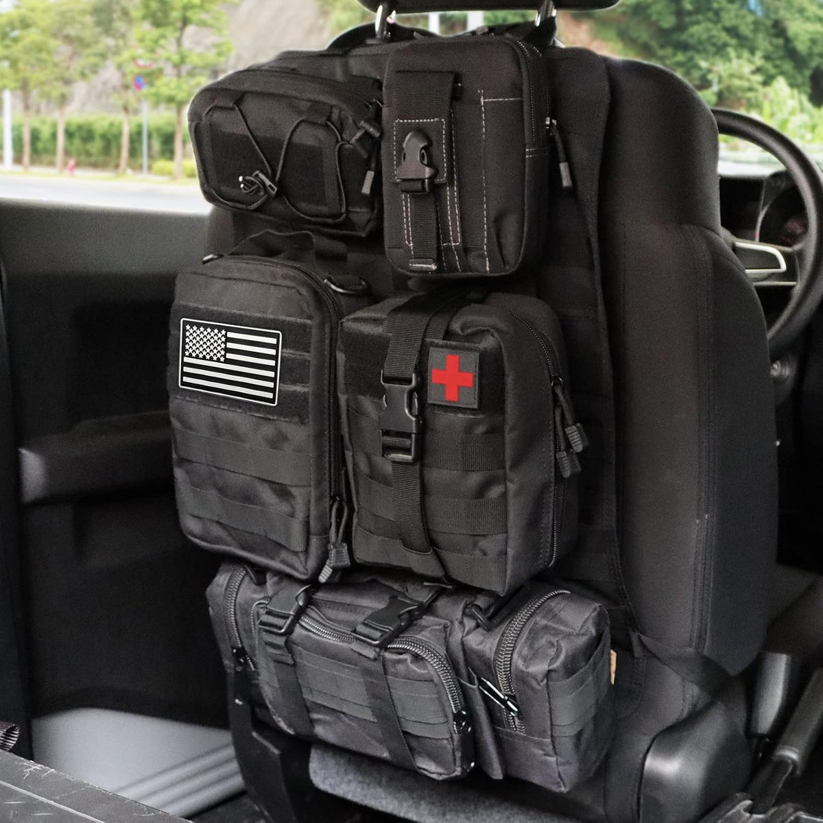 MAIKER Tactical Car Seat Back Organizer, Upgrade Tactical Vehicle Panel Organizer with 5 Detachable Molle Pouch, Universal Fits for Most of Vehicle Black
