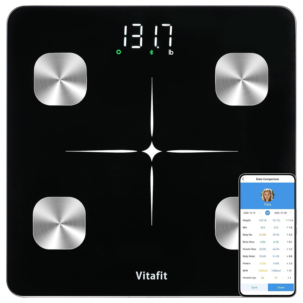 Vitafit FSA&HSA Smart Weight Scale, Accuracy 0.1Lb by Our Professional Scale Factory since 2001, Scale for Body Weight App Sync 13 Body Composition with BMI, Body Fat and Muscle, 400Lb, LED, Black