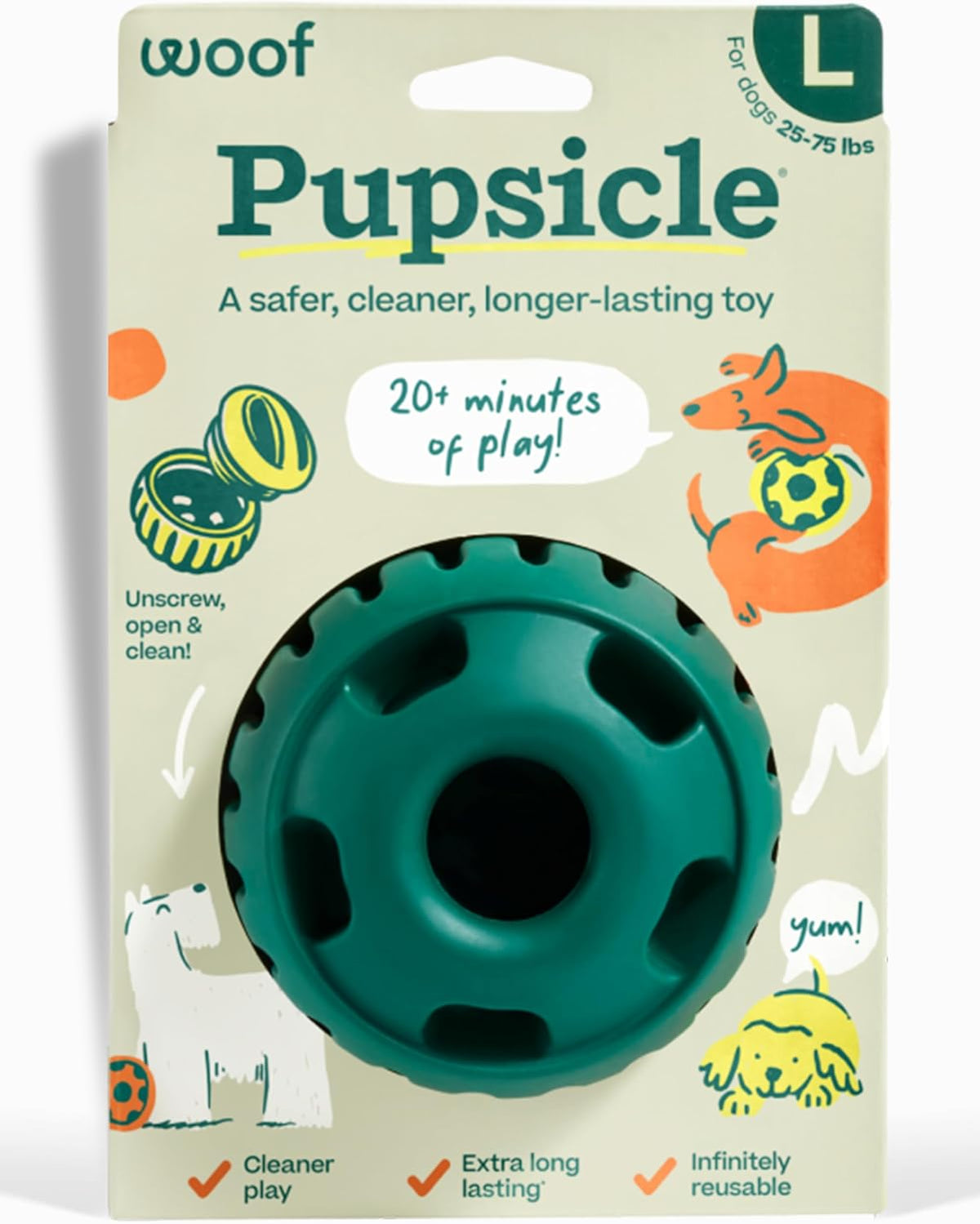 WOOF Pupsicle Interactive Dog Ball Toy for Dogs 25-75 Lbs - Green | Long-Lasting Enrichment Toy for Medium/Large Dogs, Easy-Fill Design, Low-Mess Play, Made of Natural Rubber, Easy to Clean