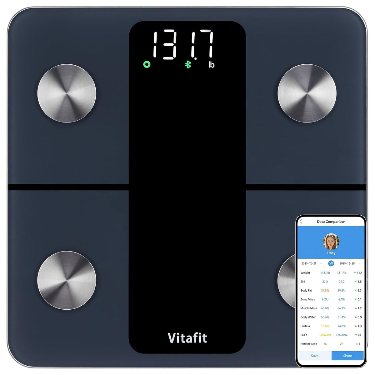 Vitafit Smart Scale for Body Weight High Accuracy 0.1Lb, 400Lb, LED, Black