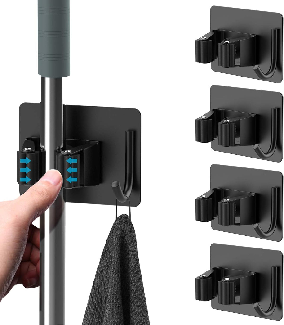 Homeasy Broom Holder Wall Mount 4Pcs, Self Adhesive Mop Broom Hanger Black