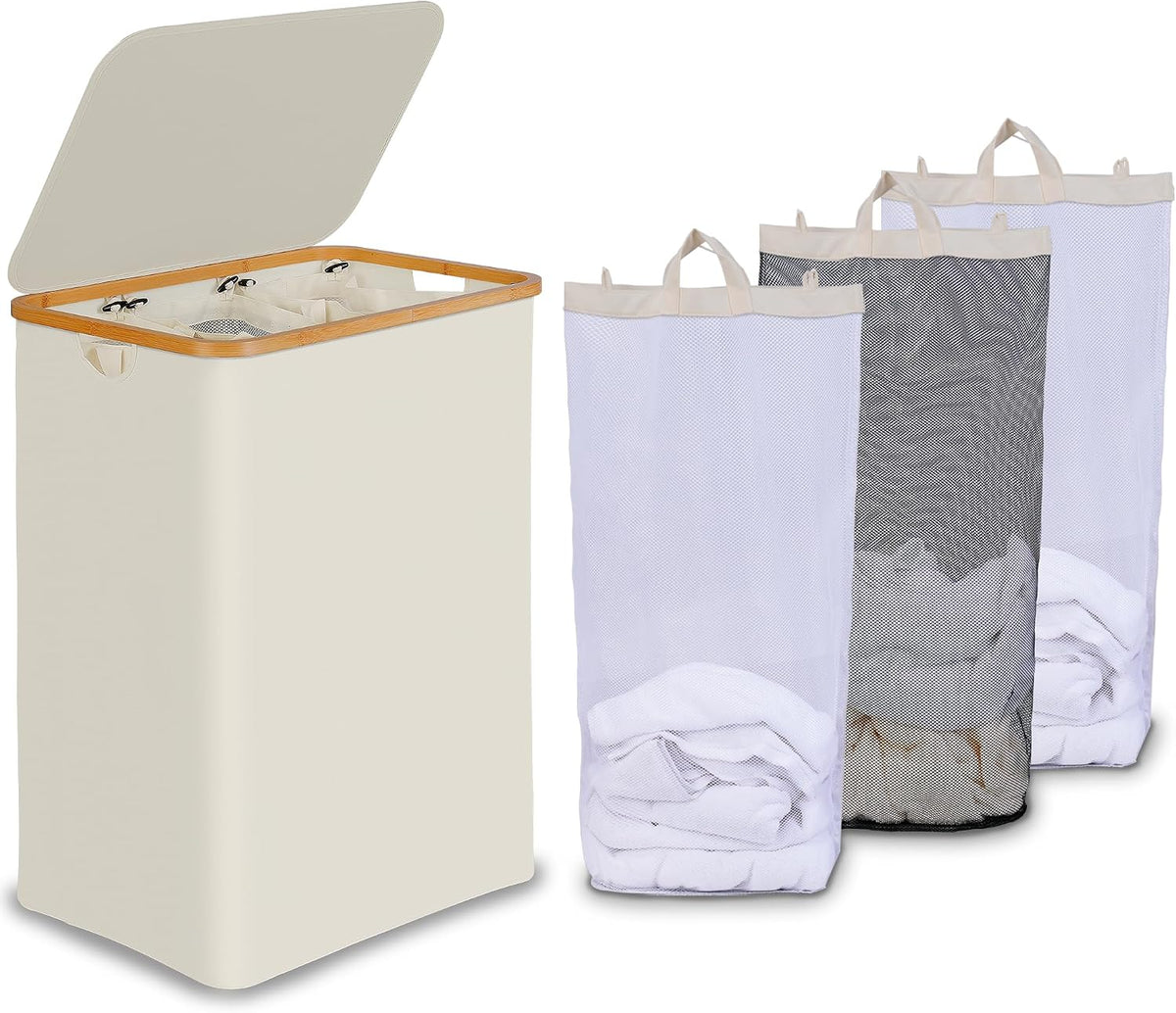 Efluky Laundry Hamper 3 Section with Lid and 3 Removable Bags, Beige