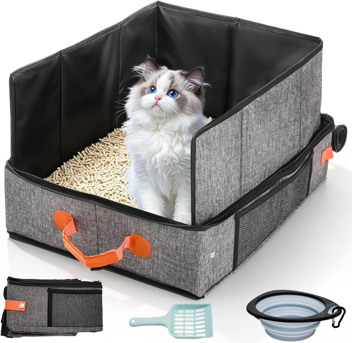 Pumtus Portable Cat Travel Litter Box, 19.7" X 15.7" X 11.8" Foldable Kitten Litter Case with Lid & Scoop & Bowl, Reusable Cats Travel Emergency Box, Leakproof No Smell Cat Essential for Car Hotel