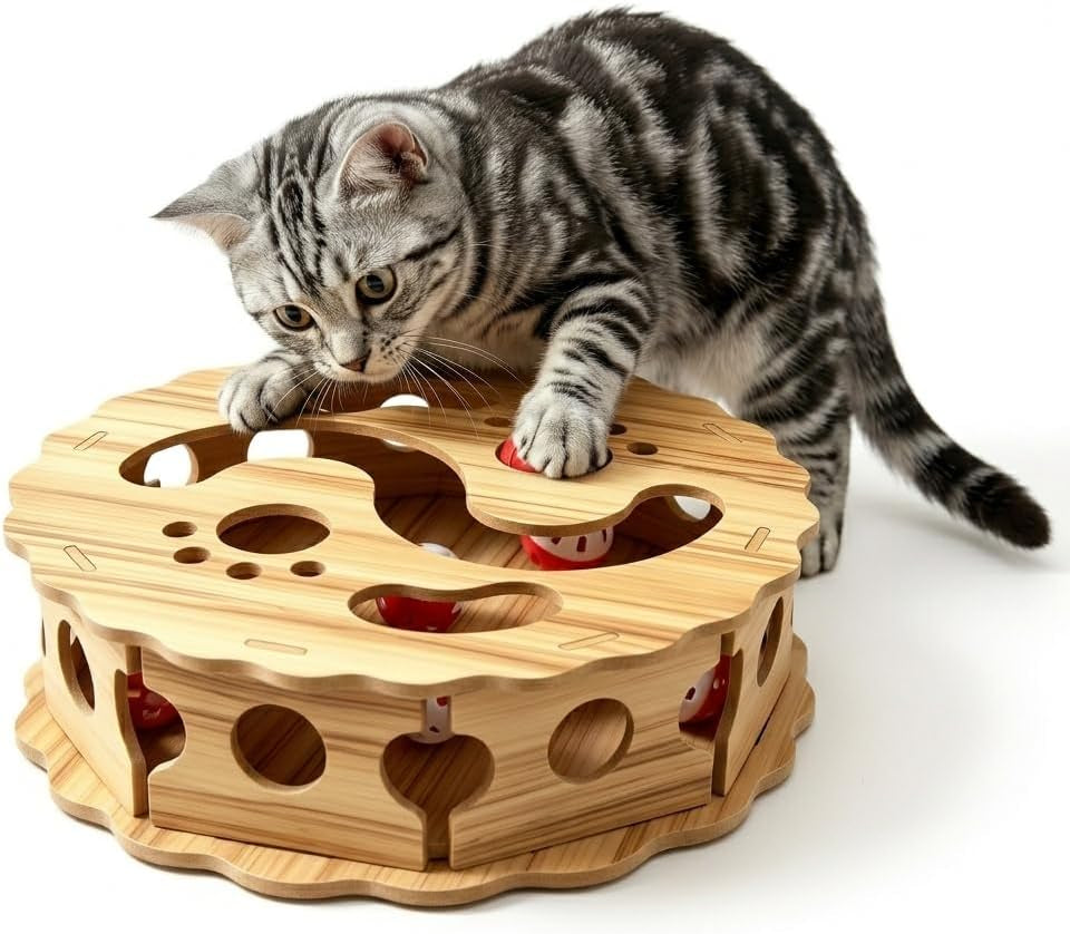 Wooden Cat Puzzle Toy Box, Interactive Cat Maze Game with Ball Track, Indoor Hunting Enrichment Toy with Bell Balls & Treat Dispenser for Small Medium Cats Kittens, Wavy round Wood Design
