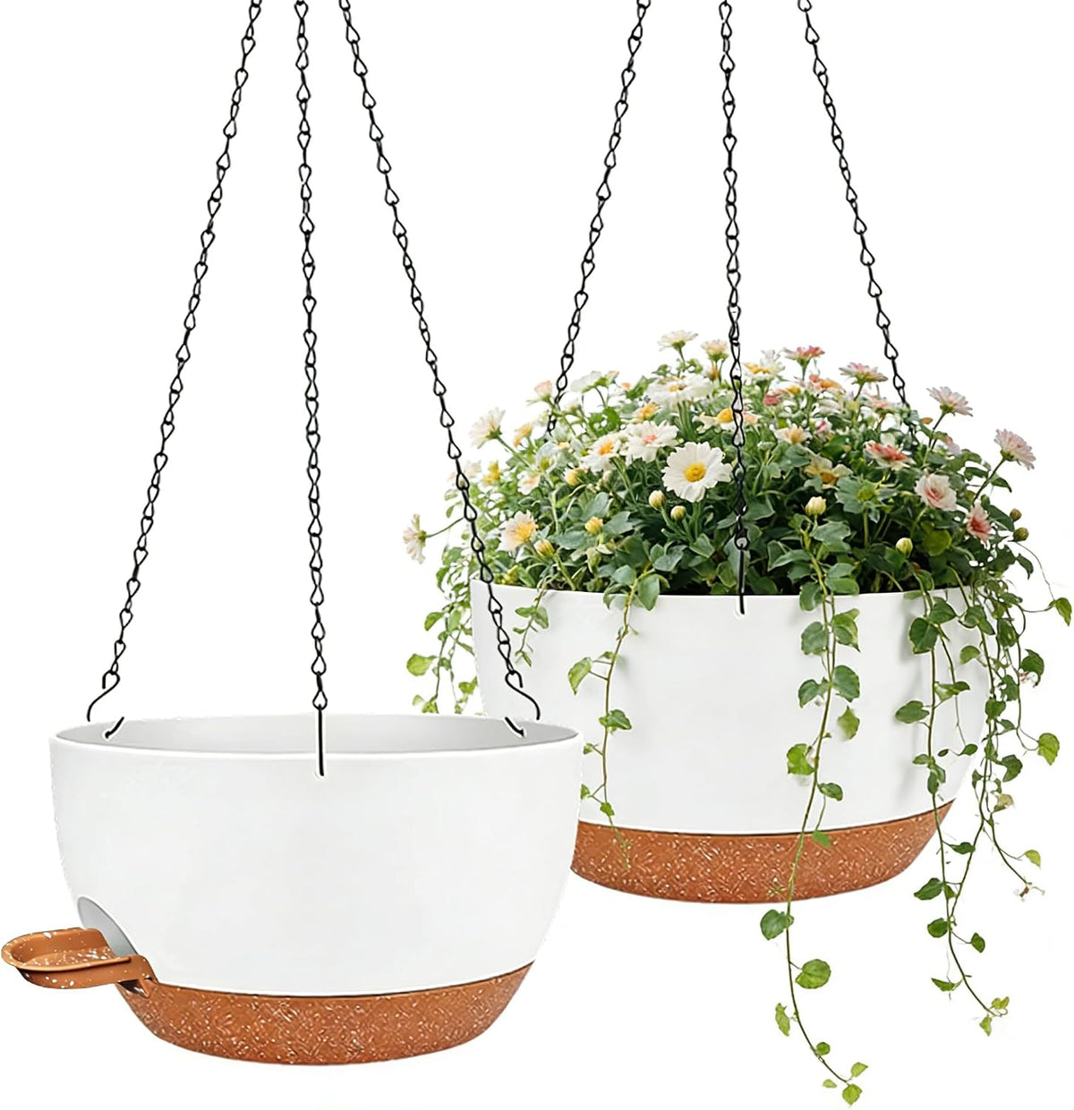 2 Pack 12 Inch Self‑Watering Hanging Planters Plant Pots, White‑Brown