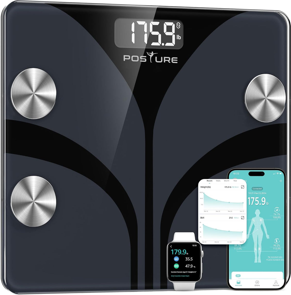 Posture Scale for Body Weight, Digital Bathroom Smart Scale, 13 Body Composition Analyzer Sync Weight Scale BMI Health Monitor Sync Apps 400Lbs - Black