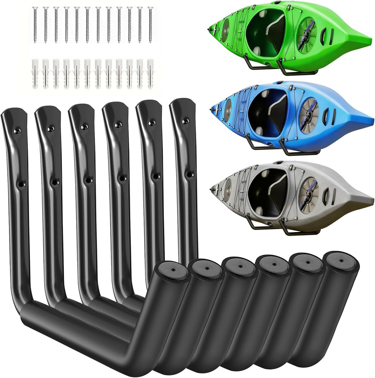Kayak Storage Rack Wall Mount (15"), Kayak Hooks, Heavy Duty Garage Storage Hooks (6Packs) for 3 Kayaks Suitable for Hanging Ladders, Bikes, Kayak Wall Rack