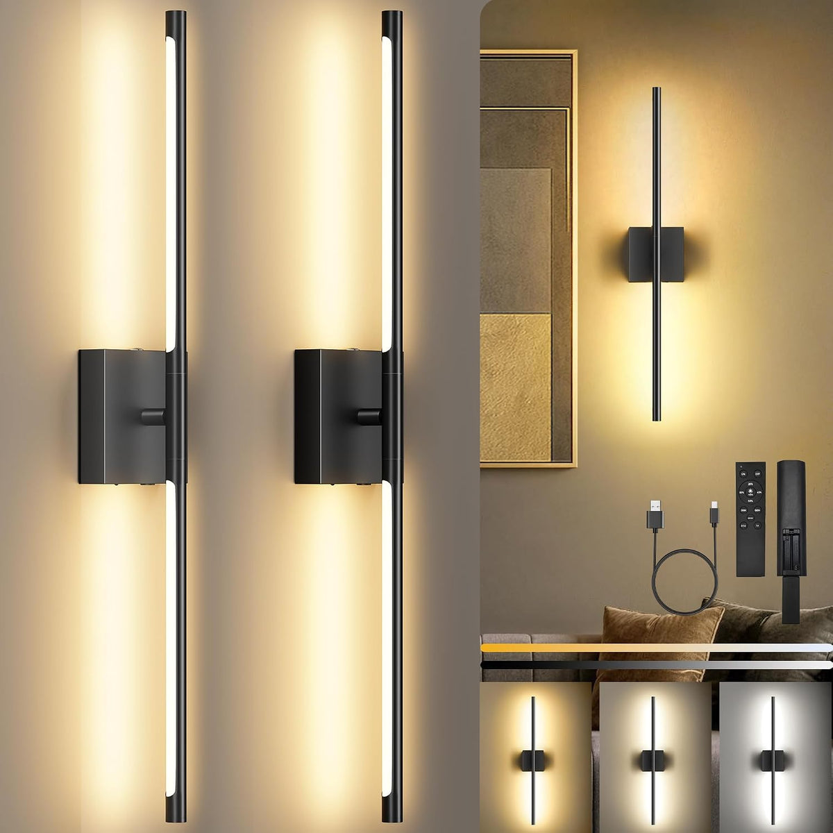 10000Mah Rechargeable Wall Lights, Black, 29 Inch, 3CCT, 2 Pack