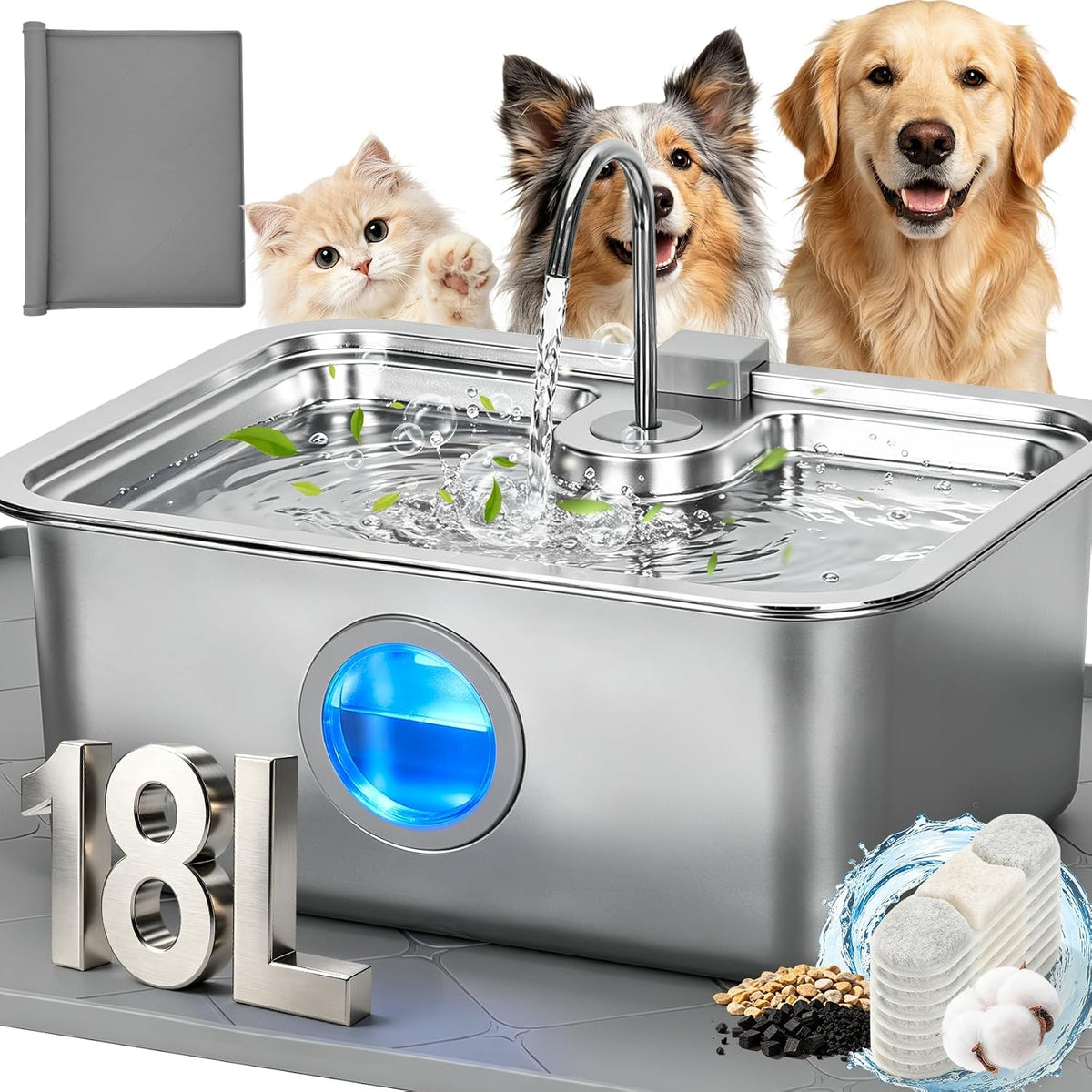 18L/4.76Gal/608Oz Stainless Steel Dog Water Fountain & 8 Filters