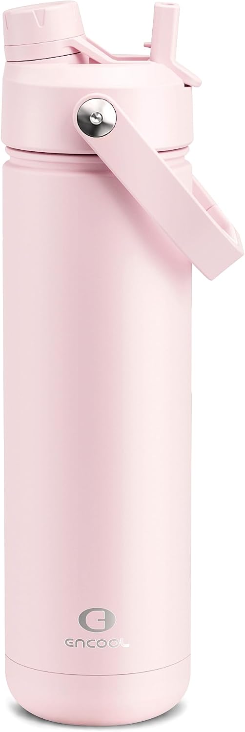 ENCOOL Insulated Water Bottle with Straw Stainless Steel Water Bottle, Leak-Proof, Bpa-Free, Double Wall Vacuum Keeps Cold for 24 Hours for Sports, Travel, School (26 Oz, Cotton Candy)