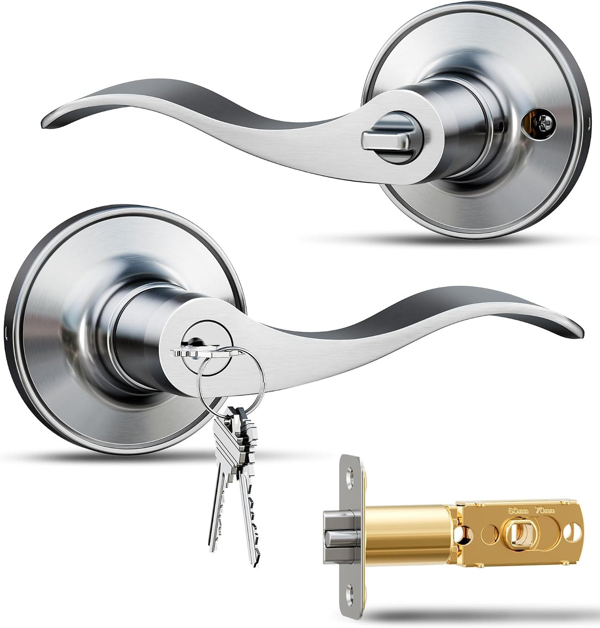 Keyed Entry Door Lever, Door Handle with Lock and Key, Exterior & Interior Door Handle for Bedroom, Wave Style Lever Satin Nickel, Reversible for Left/Right