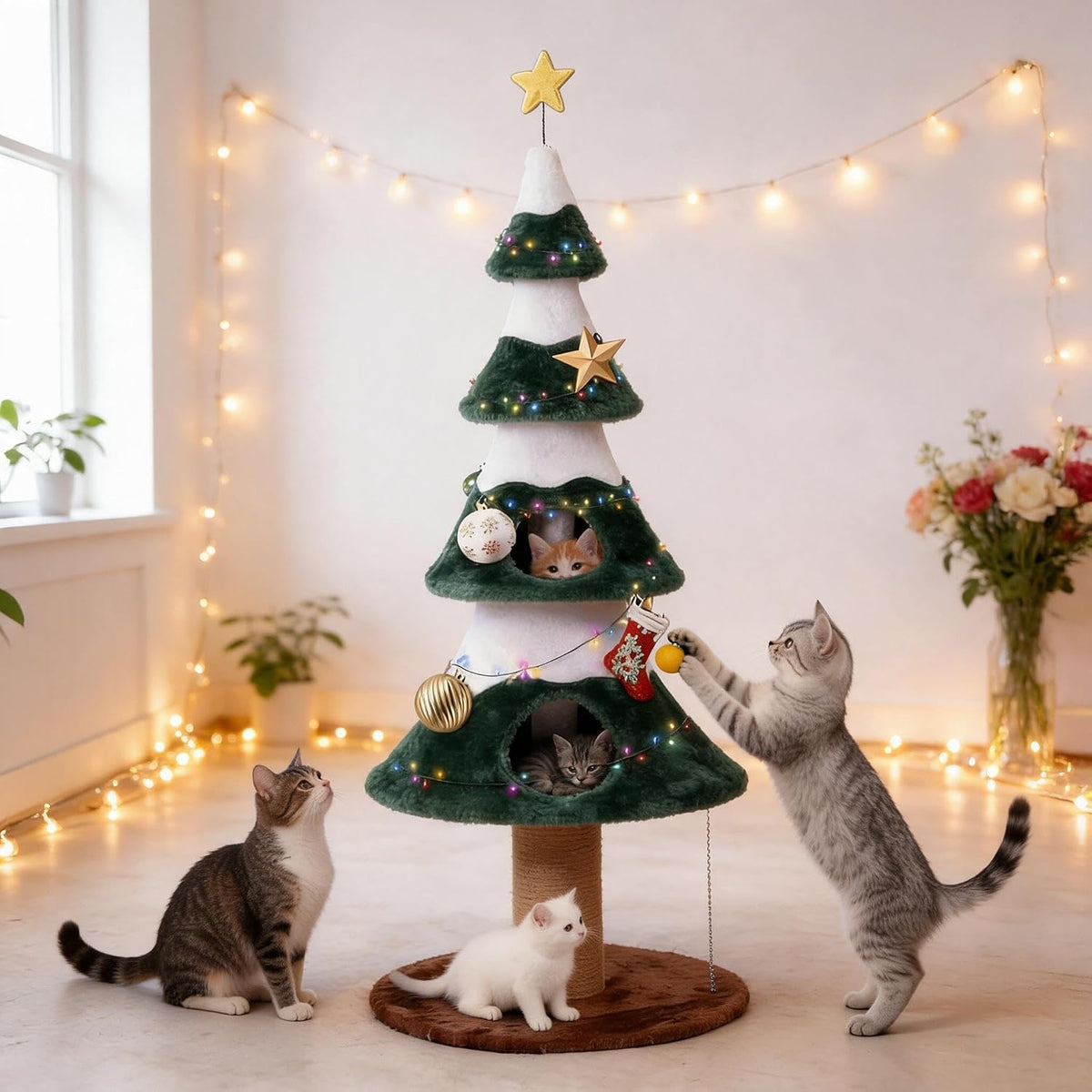 62" Cat Tower for Indoor Cats, Multi-Level Wooden Cat Tree with Sisal Scratching Posts, Cozy Cat Beds & Modern Holiday Design, Green