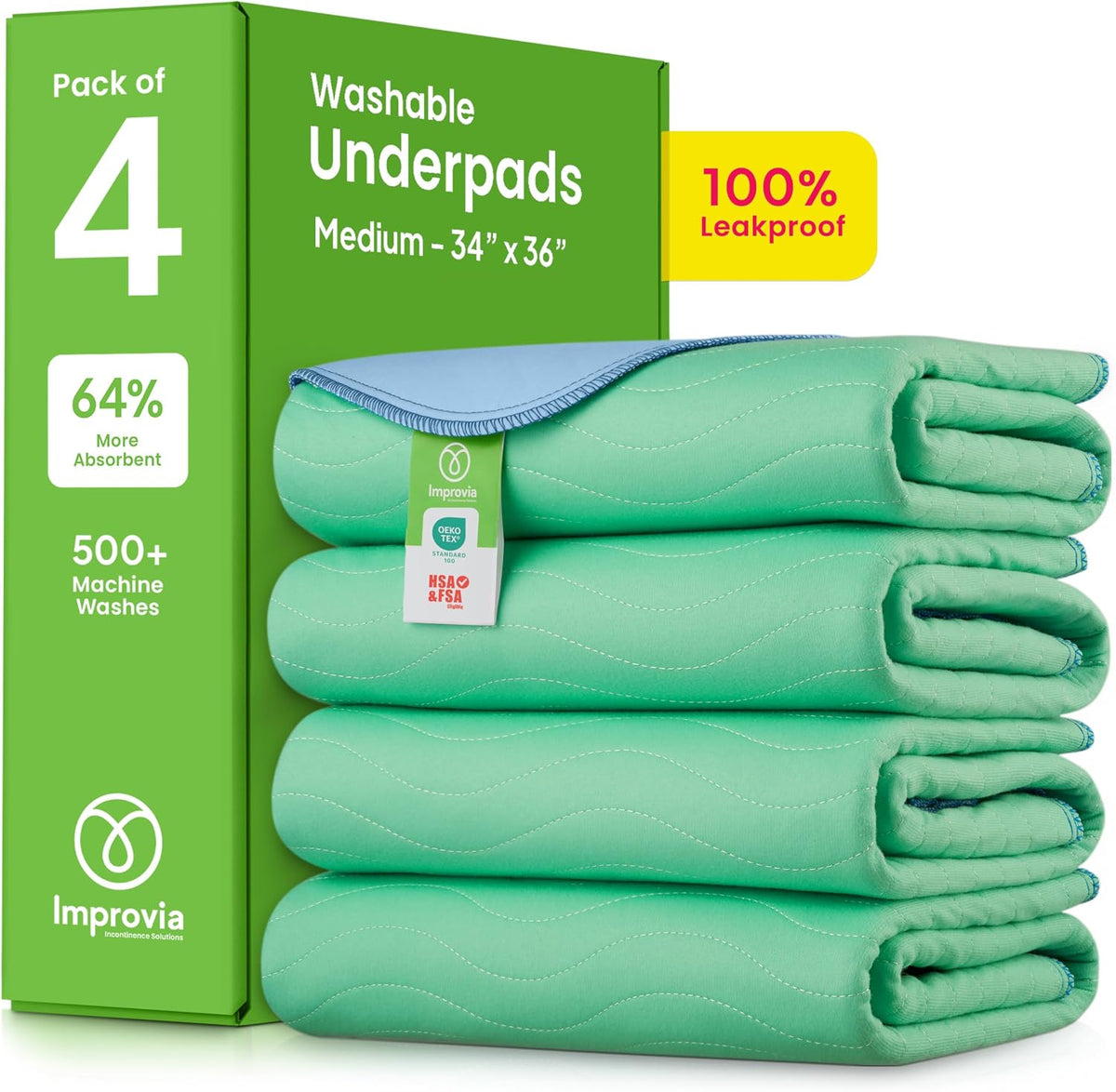 GREEN LIFESTYLE Washable Underpads - Large Pads for Use as Incontinence Bed Pads, Reusable Pet Pads, Great for Dogs, Cats, Bunny, Seniors Bed Pad (Pack of 4-34X36)