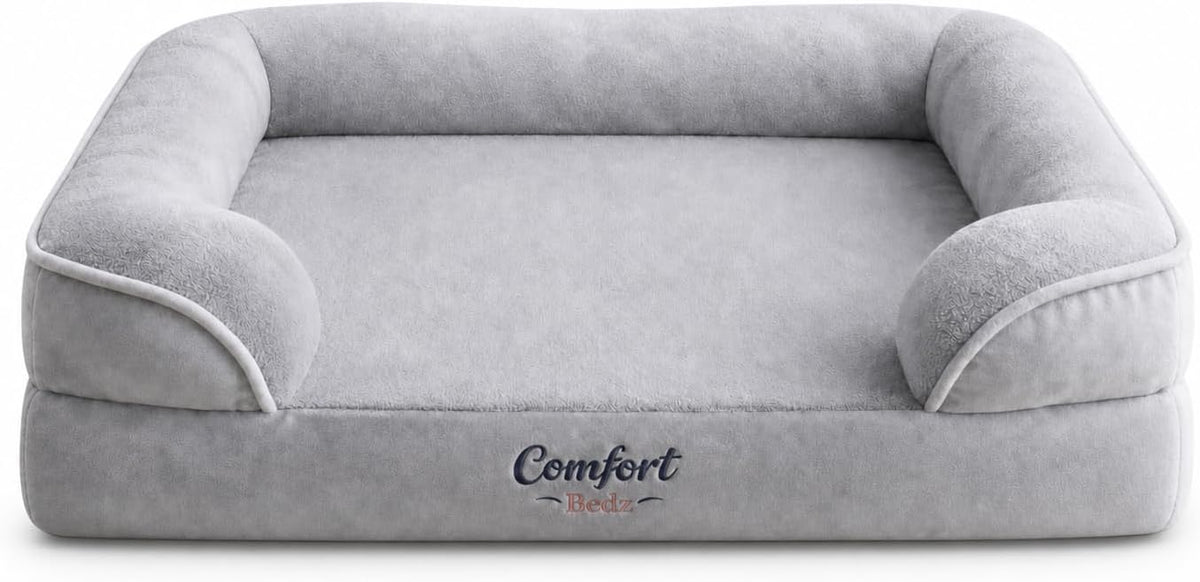 Orthopedic Dog Sofa Bed, Gray, Plush, Raised Bolsters, Supportive Foam, for Dogs (Medium)