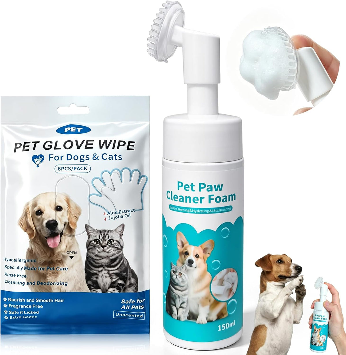 Dog & Cat Paw Cleaner Kit, Foam + 6 Pre-Moistened Gloves