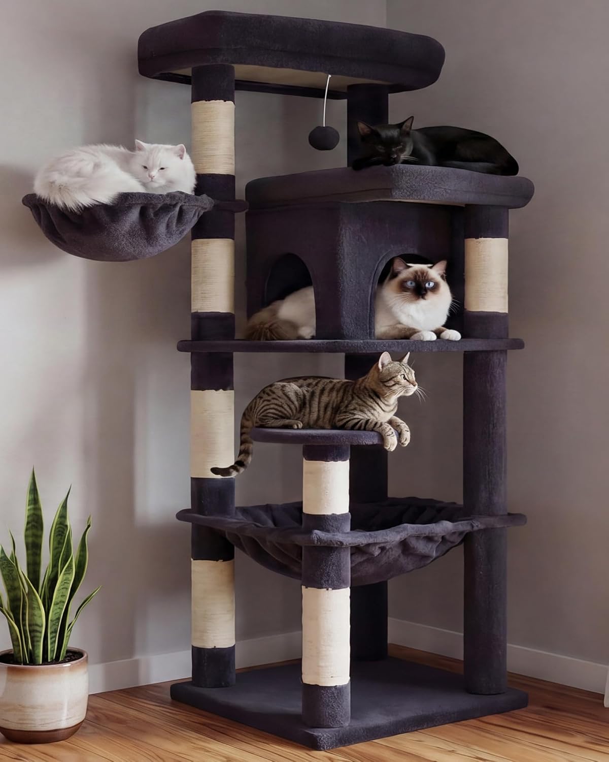 Heybly Cat Tree, 56" Multi-Level Easy Climb Tower for Large Cats HCT028G