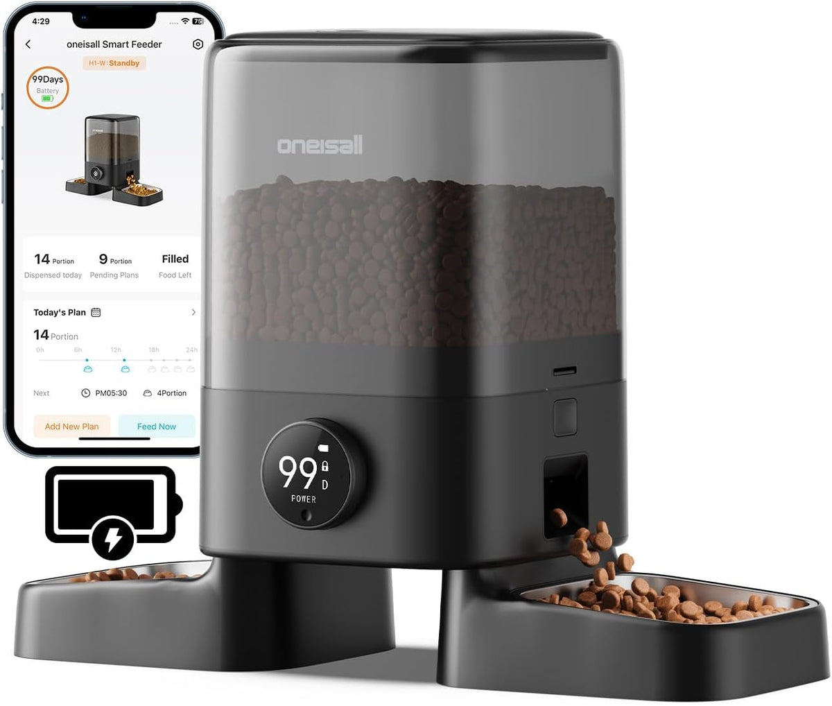 Oneisall 2.4G Cordless Automatic Cat Feeder, Rechargeable, 20 Cups/5L