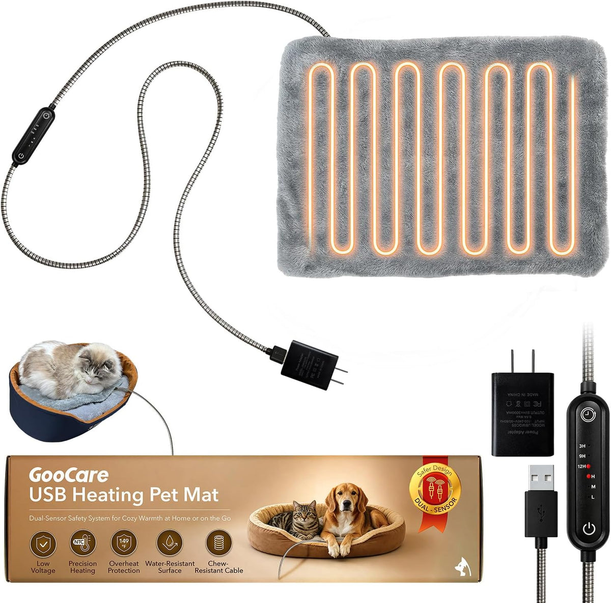 5V USB Pet Heating Pad with Adapter&Cover, Dual-Sensor, Cat&Dog, M