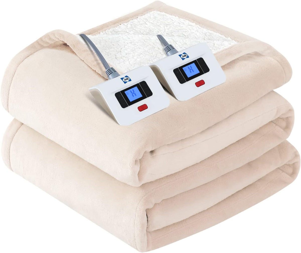 Sealy Electric Blanket King Size Heated Dual Control Flannel Sherpa, Beige