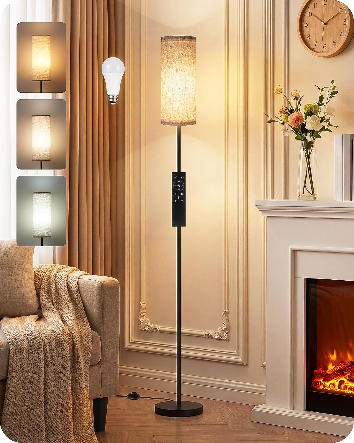 64.4” Slim Floor Lamp for Living Room with Magnetic Remote and Foot Switch, Dimmable Standing Tall Lamp Mood for Bedroom Nursery, 3 Color Temperatures, 1-Hour Timer,900Lm Bulb Included,Beige E06LD05W1