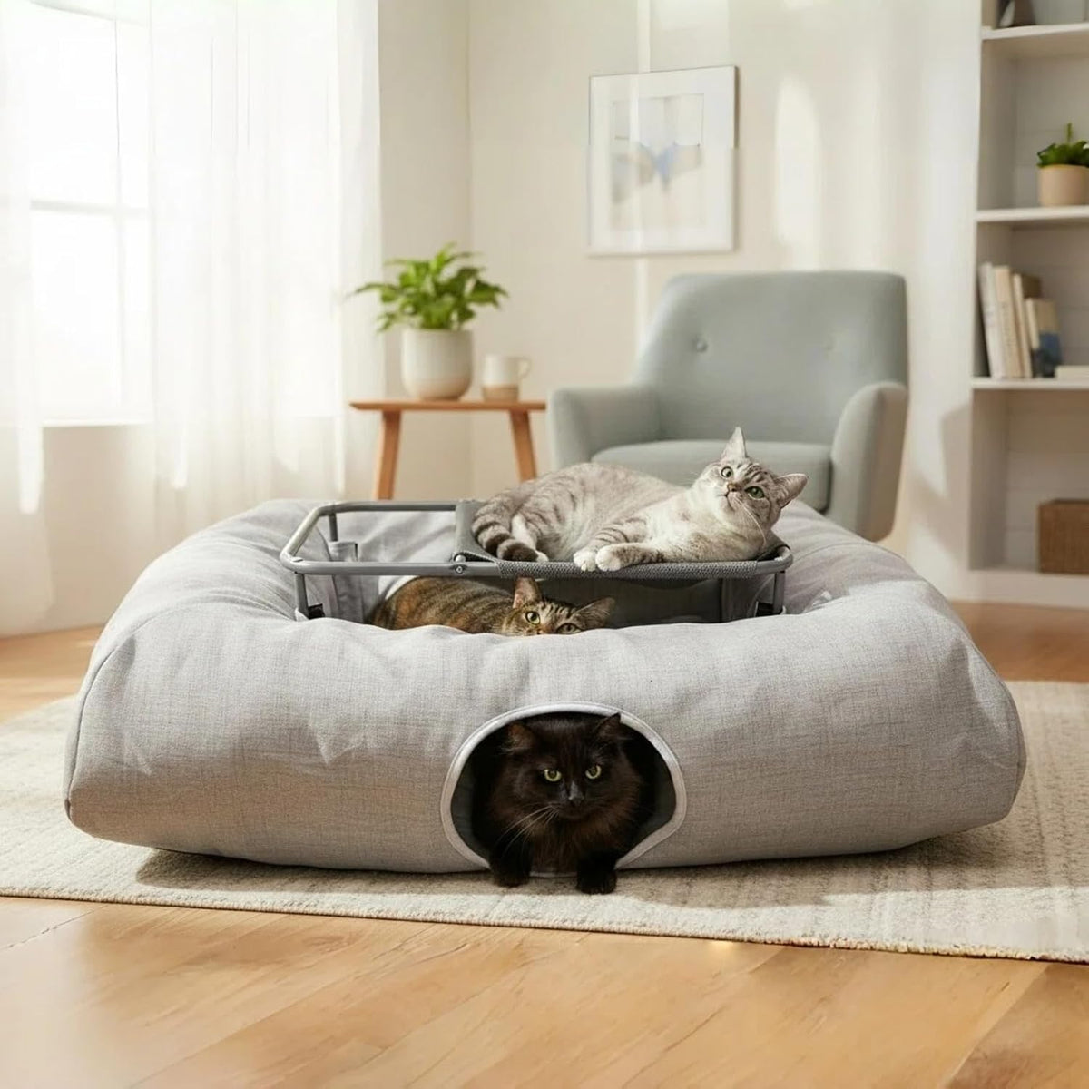 XXL 2-Tier Cat Tunnel & Hammock Bed, Scratch-Proof Linen, for All Cats Toys