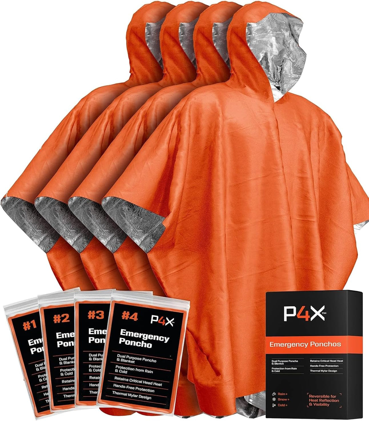 PREPARED4X Emergency Mylar Poncho – Survival Rain Poncho with Hood – Lightweight, Compact, Reusable Emergency Blanket Poncho for Hiking, Camping, Thermal Gear, Car Kit, Outdoors
