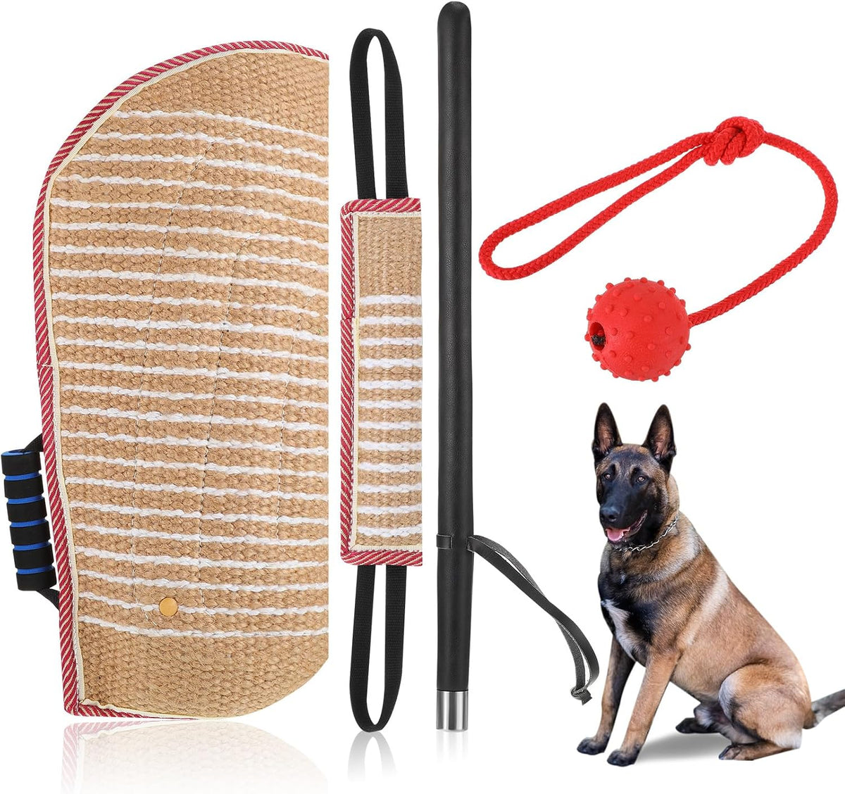 Leyndo 4 Pcs Dog Training Sleeve Set with Tug Pillow Stick Ball, Red
