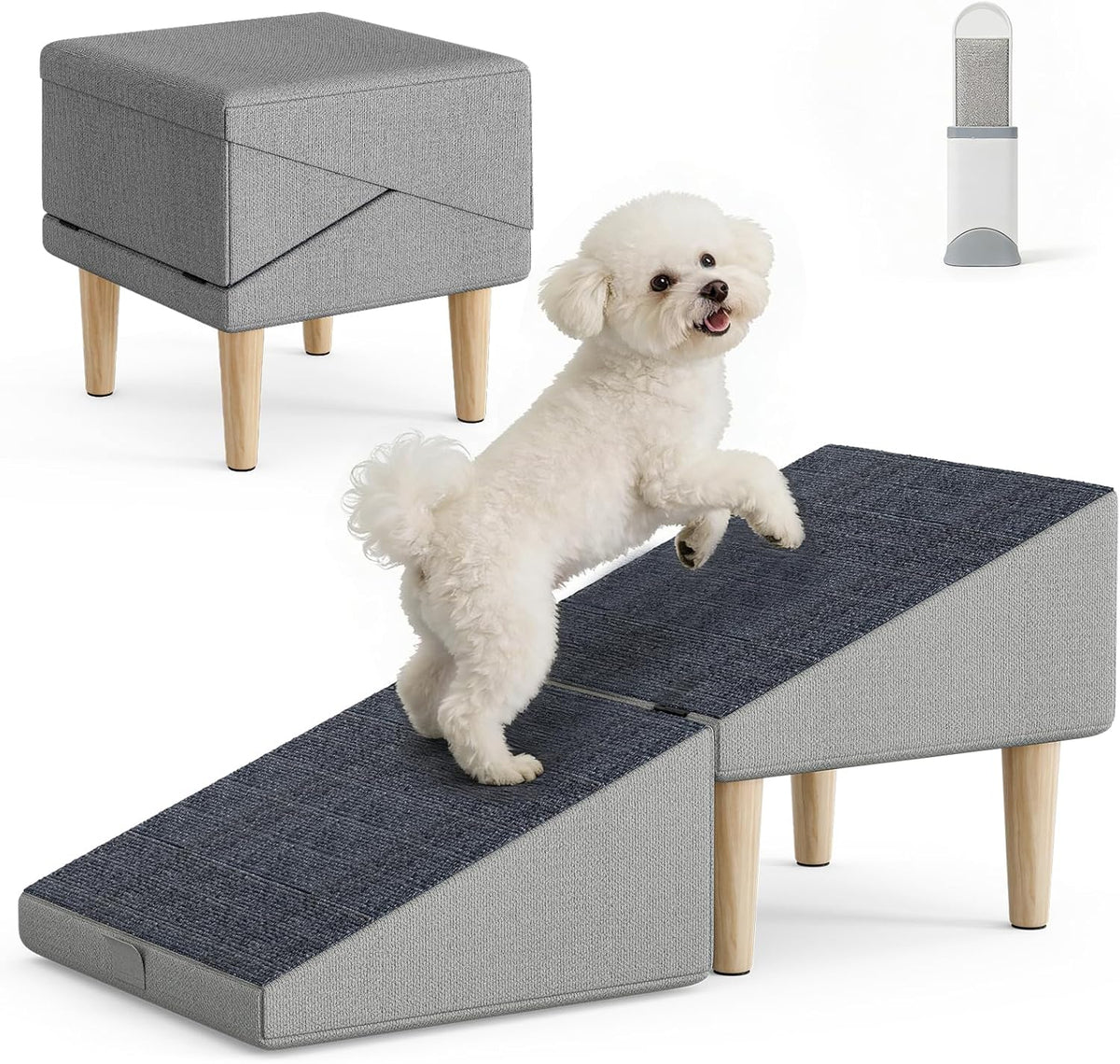 Foldable 15 Inch Dog Ramp, Ramply Split Ottoman with Detachable Washable Treads, 2-In-1 Folding Pet Ramps Stairs for Couch and Bed, Sturdy Ramp for Cats and Small to Medium Dogs