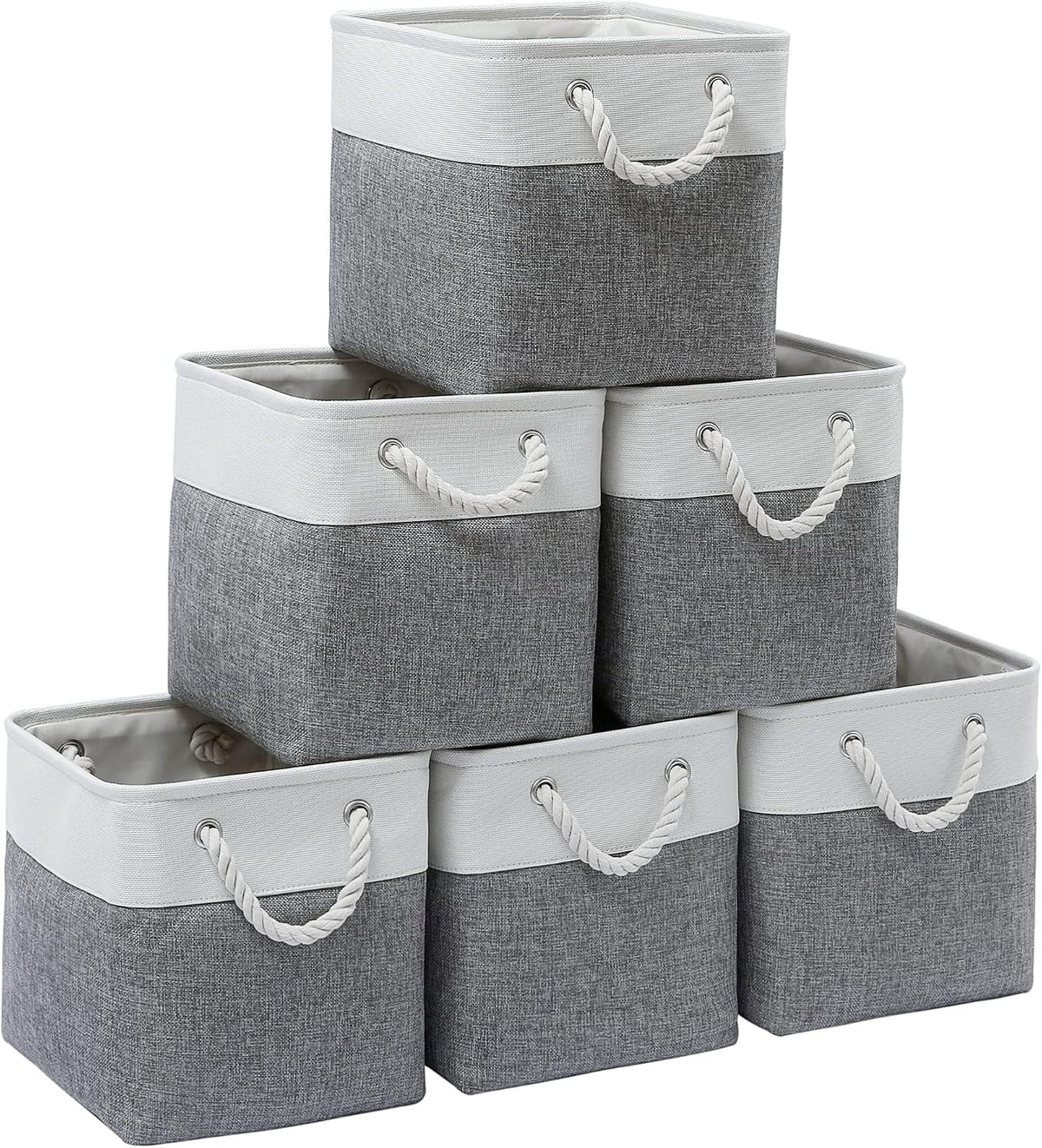 Midmmvick 11 X 11 Inch Cube Storage Bins, 6 Pack Large Collapsible Fabric Storage Bin with Ropes, Foldable Storage Cubes for Home, Office,Closet, Clothes, Toys Organizer (White & Beige-11"X11"X11")