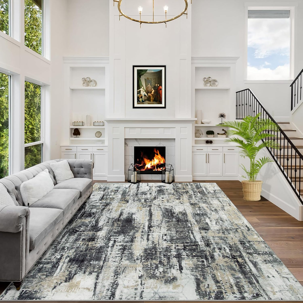 8X10 Area Rugs for Living Room: Washable Abstract Black Grey Gold Carpet