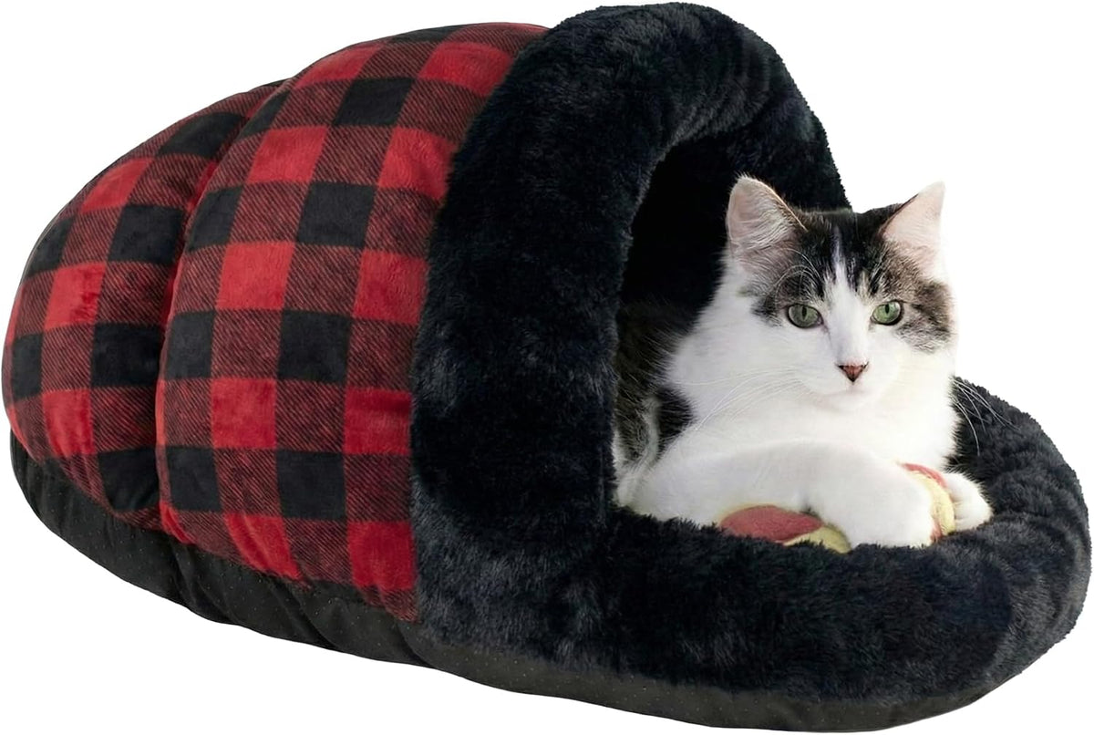 ASPCA Slipper Cave Bed for Cats & Small Pets, 23" X 17, Red Buffalo Plaid