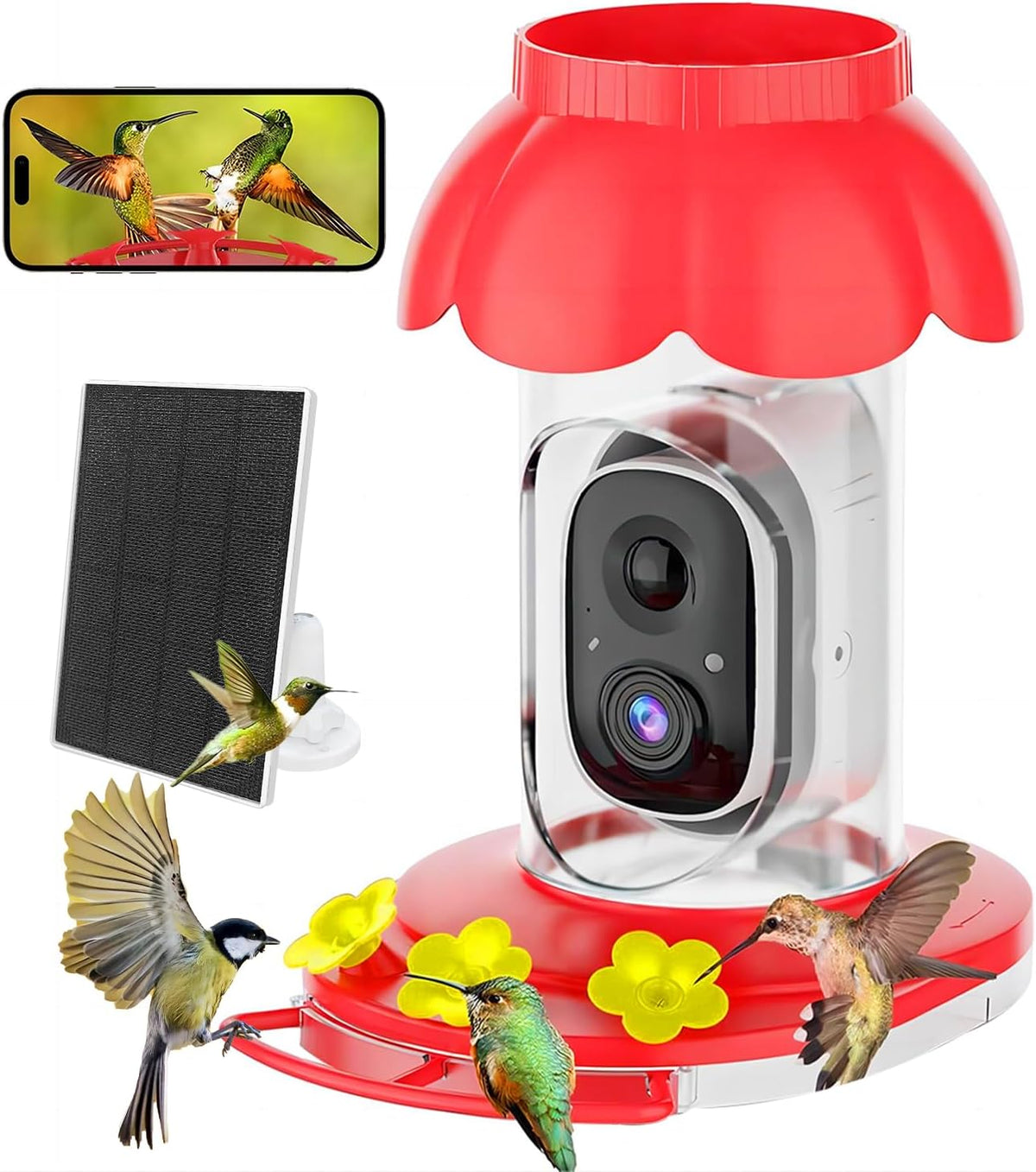 Hummingbird Feeder with Camera, Smart Hummingbird Feeder Camera Solar Powered with AI Identify, Auto Capture Bird Videos & Motion Detection, Ideal Gift for Bird Lovers