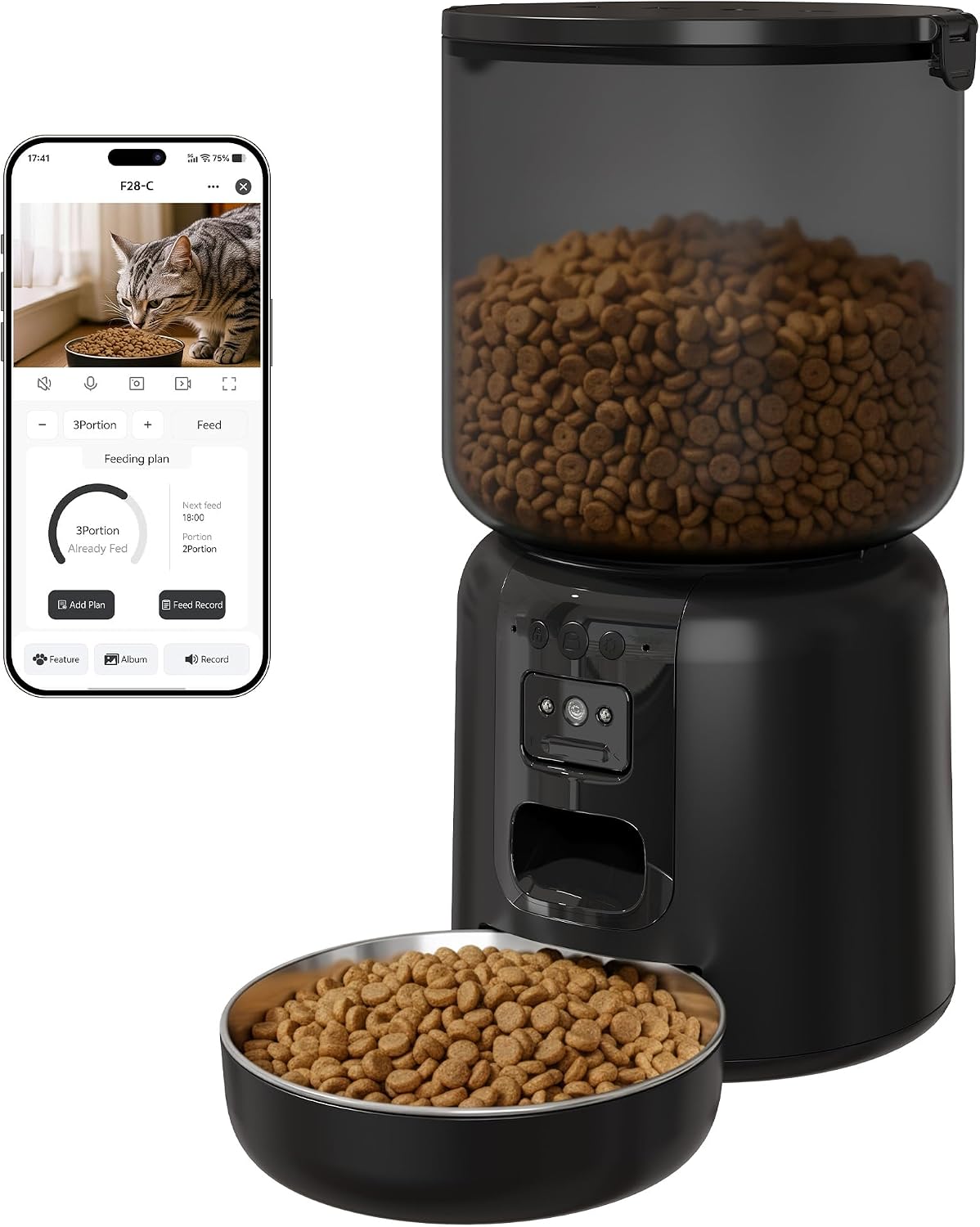 Fansafurn Automatic Cat Feeder with 2K HD Camera, Automatic Dog Feeder with App Control via 2.4G/5G Wifi, Dual Power System & Voice Recording, 4L Food Dispenser for Cats and Small Dogs, Black