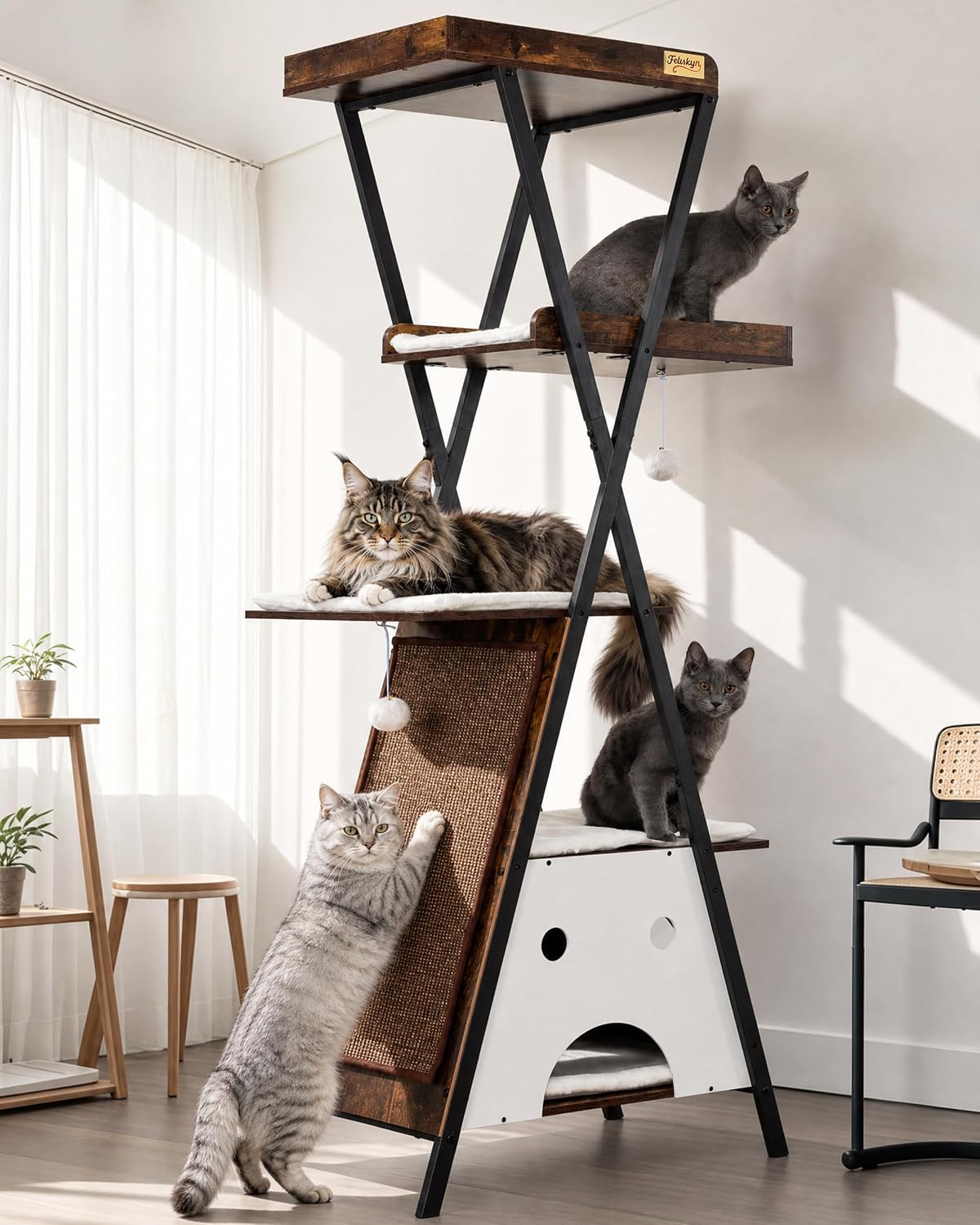 Modern Wood Cat Tree Tower for Indoor Cats Large Adult 67-In Tall