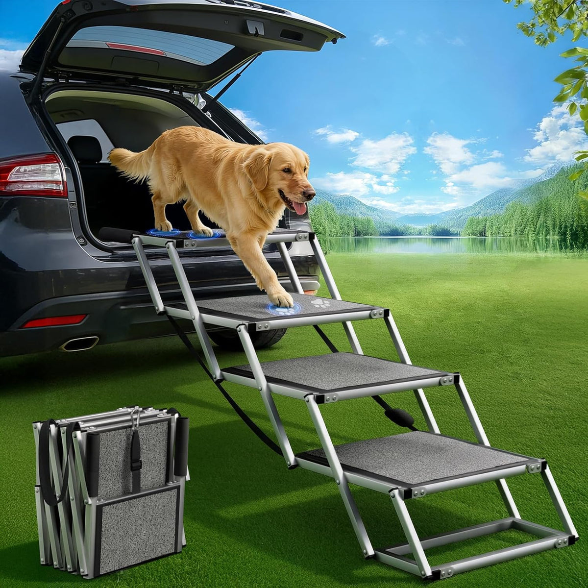 Dog Stairs for Large Dogs, ๐๐'' ๐๐ฑ๐ญ๐ซ๐ ๐๐ข๐๐ Foldable Dog Ramp for Car, SUV & Truck, Non-Slip Dogsteps for High Beds, 4-Step Aluminum Frame, Supports up to 250 Lbs