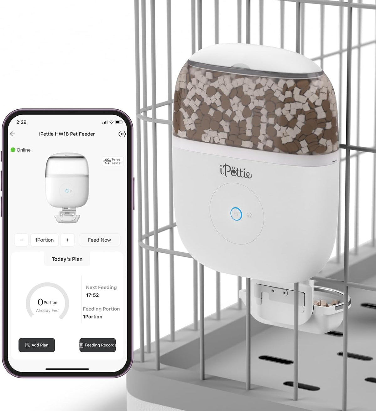 Ipettie Smart Wifi Hanging Cage Feeder, Remote & Portion Control, 62Oz