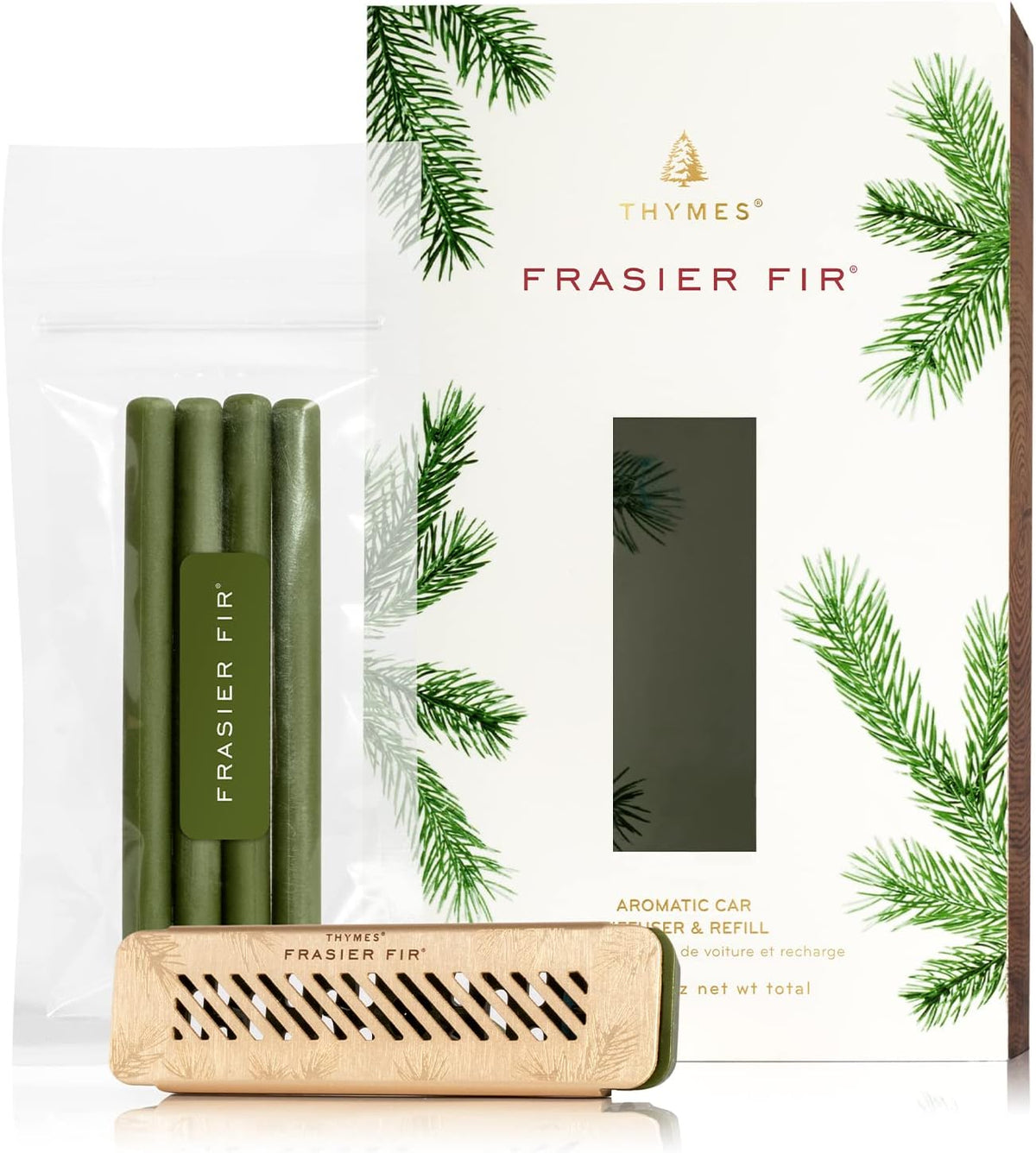 Thymes Frasier Fir Car Diffuser Kit + Refills – Vent Clip Air Freshener + 4 Frasier Fir Diffuser Reeds – Car Air Fresheners with Fresh Scent – Long-Lasting Fragrance