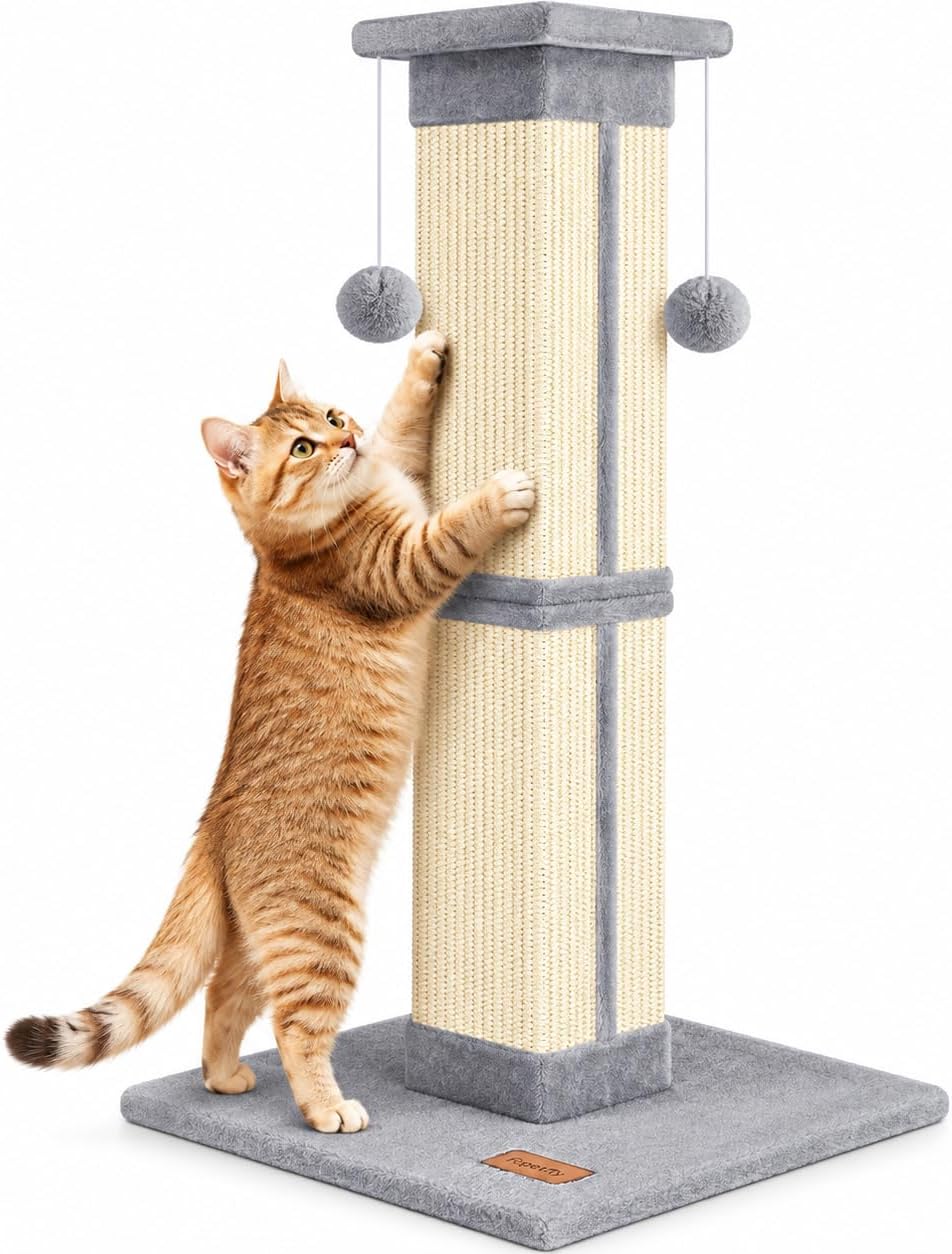 Cat Scratching Post 33 Inch for Indoor Cats, Tall Cat Scratcher with 100% Natural Sisal, Large Stable Base & 5 Inch Wide Post, Cat Scratch Post for Large Cats, Full-Body Stretching, Grey