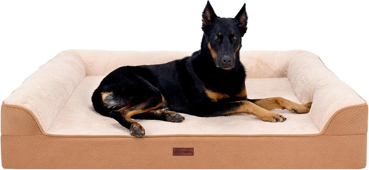 Furhaven Pet Bundle - Jumbo plus Coffee Cooling Gel Memory Foam Quilted Quilted Sofa, Extra Dog Bed Cover, & Water-Resistant Mattress Liner for Dogs & Cats