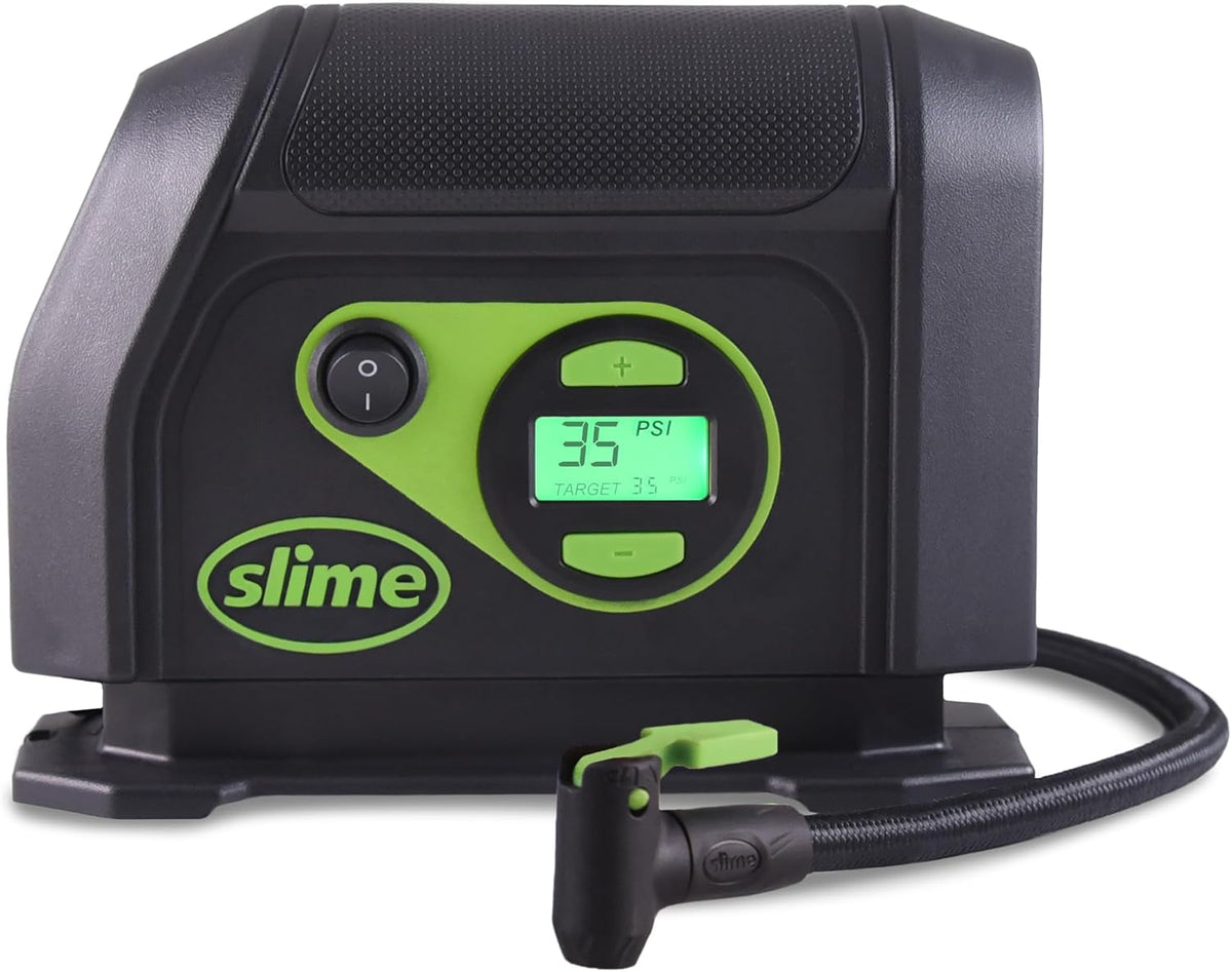 Slime 40088 Tire Inflator, Portable Car Air Compressor, Inflate Right Automatic Shut Off, with Digital 99 Psi Display, Long Hose and LED Light, 12V, 6 Min Inflation