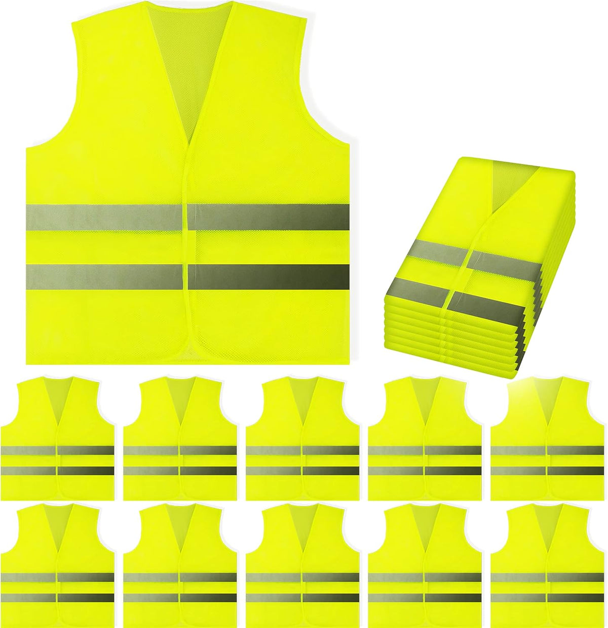 Peerbasics Safety Vests 10 Pack - Yellow Reflective High Visibility, Hi Vis Silver Strip, Men Women, Work, Cycling, Runner, Surveyor, Volunteer, Crossing Guard, Road, Construction, Neon (Mesh, 10)