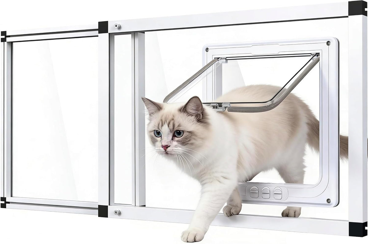 Full Glass Cat Door for Window,32"-37" Adjustable Width,1-Min Install | 4 Locking Modes,Aluminum Frame,Hd Glass,Magnetic Closure,Weatherproof Sliding Pet Door Window Insert for Cats